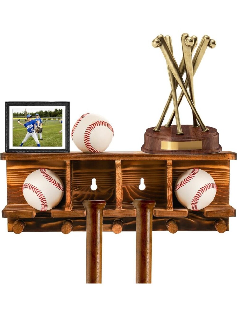 Wood Baseball Bat Holder & Ball Display Shelf - Wall Mounted Sports Memorabilia